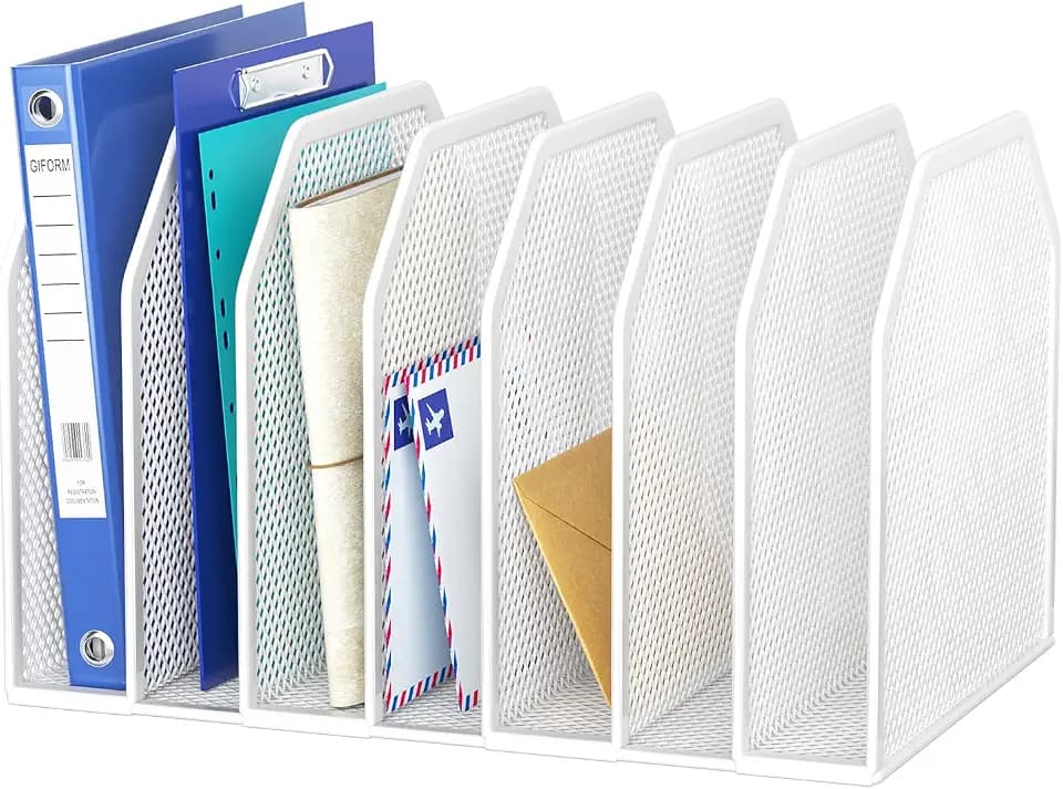 FANXIYQ White 7-Section File Folder Organizer for Desk, Metal Vertical File Holder Stand, Desktop File Organizer Rack for Letter/A4 Folders, Papers, Books, Office Classroom Home