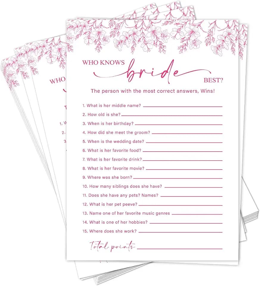 Bridal Shower Games Cards-Who Knows Bride Best, Pink Floral Wedding Game Activity for 25 Guests, Bachelorette Wedding Engagement Supplies, 25 Cards -A07