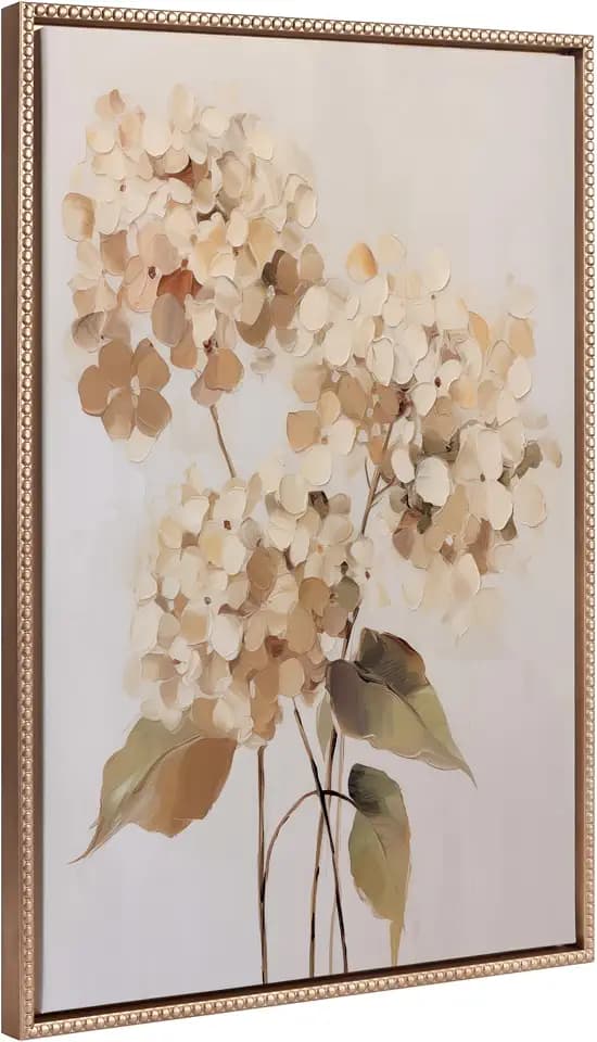 Kate and Laurel Sylvie Beaded Soft Hydrangeas Vintage Framed Canvas Wall Art by The Creative Bunch Studio, 23x33 Gold, Delicate Flower Art for Wall