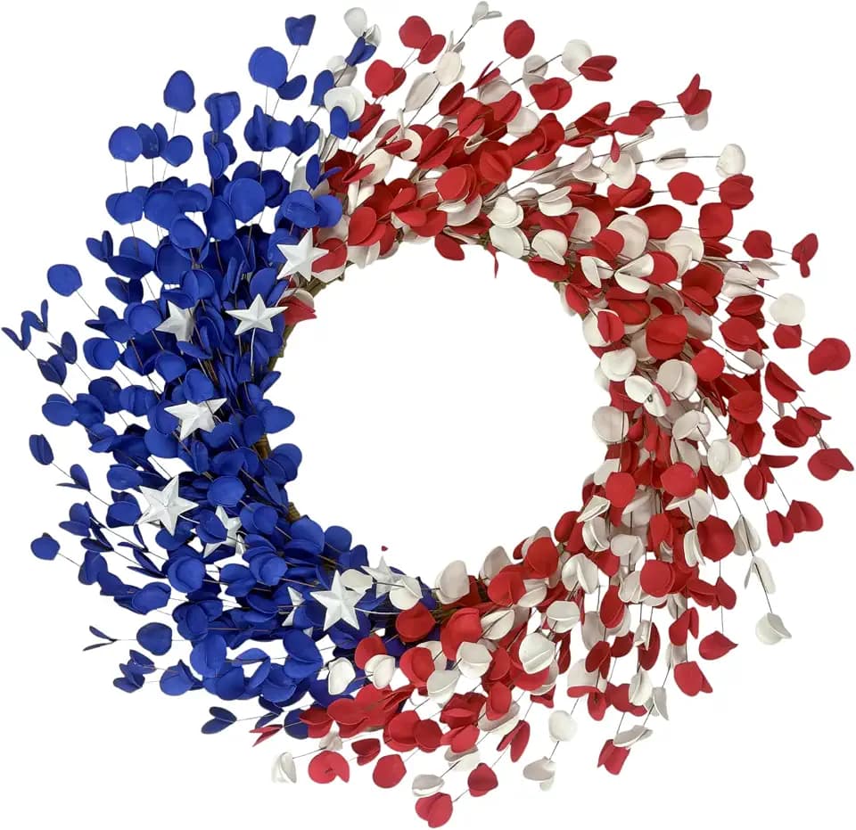 22 Inch Patriotic Front Door Wreath – 4th of July with Red White Blue Flowers – Memorial Day, Independence Day, Labor Day Decor – Indoor Outdoor Porch Wall Summer