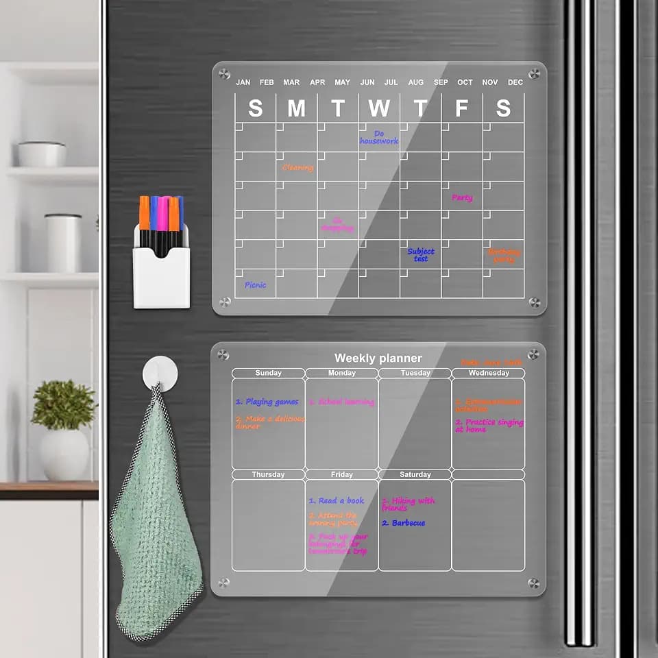 Magnetic Acrylic Calendar for Fridge, 2PCS Transparent Dry Erase Board Monthly & Weekly Calendar for Refrigerator Reusable Plan Board, Including 6 Dry Erase Markers 3 Colors/Pen Holder/Towel/Hook