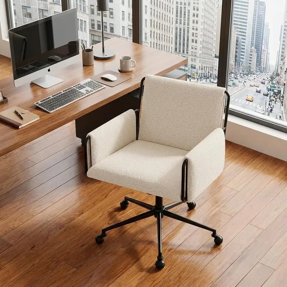 YOUNIKE Wide Seat Home Office Chair with Arms Modern Desk Chair with Wheels Fabric Vanity Chairs with Comfy Back Cross Legs Adjustable Swivel Rolling Computer Task Chair for Study Bedroom Makeup Beige
