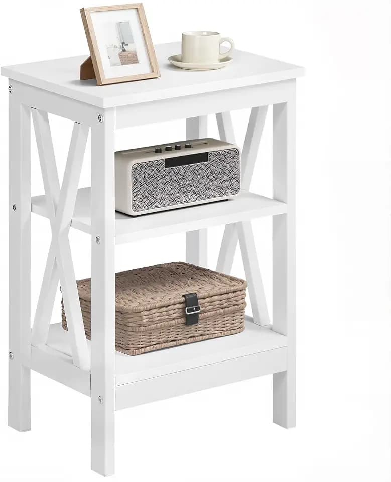 VECELO End Table, Bedside Table, 24" Tall Living Room End Tables, X-Design Reinforced Nightstands, Side Table with 3-Tier Storage Shelves for Small Spaces, Office, Bathroom, Bedroom, Pearl White