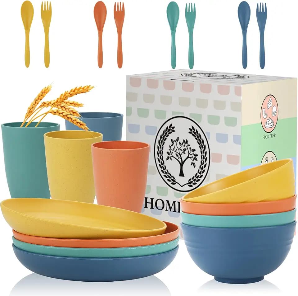Homienly Wheat Straw Plates and Bowls Sets Unbreakable Dinnerware Set 20 PCS Dish Set for Camping, Party, Picnic Microwave and Dishwasher Safe Kitchen Dinner Set Apartment Essentials (Multicolor)