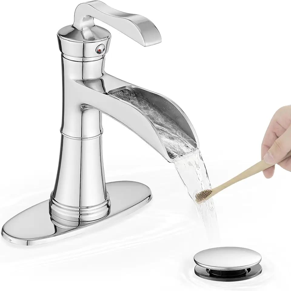 Brass Chrome Bathroom Faucet Single Handle, Bathroom Faucets One Hole, 4 Inch Waterfall Faucet for Bathroom Sink 3 Hole with Deck Plate, Pop-up Drain and Supply Hoses