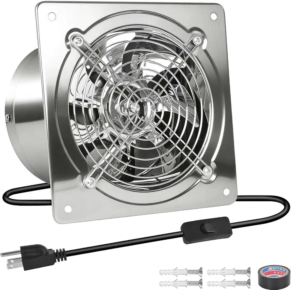 8-inch wall-mounted kitchen metal exhaust fan with switch, 382-576CFM, portable installation, with return air valve, suitable for attic, garage, bathroom, office, basement ventilation, silver