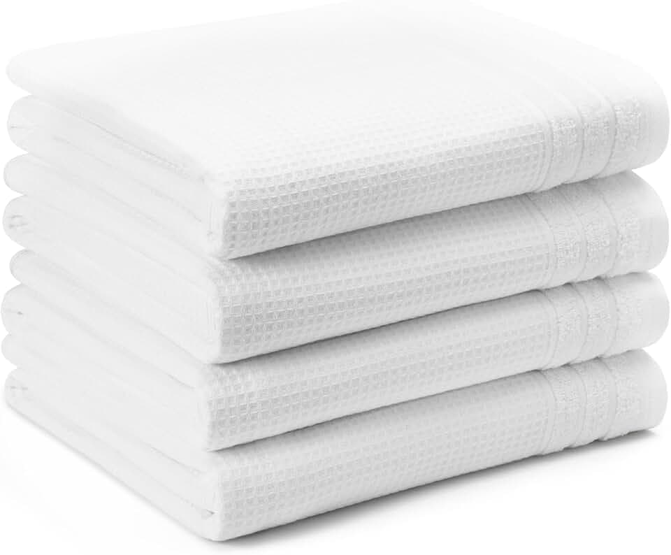 Town & Country Basics 4-Piece Waffle Woven Terry Stripe Bath Towel Set, 30x56-Inch, 100% Cotton, Quick Dry, White