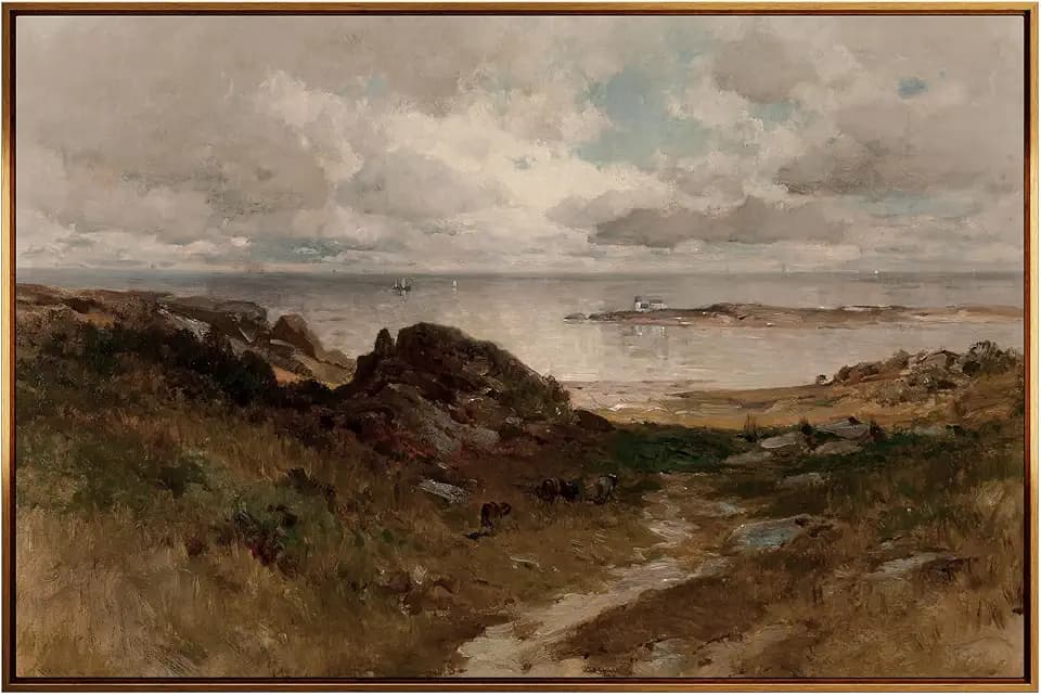 InSimSea Golden Framed Vintage Canvas Wall Art A Bit of Massachusetts Coast Coastal Beach and Clouds Seascape 24x36 inch, Moody Rustic Seacoast Landscape Beach Print, Farmhouse Home Wall Decor