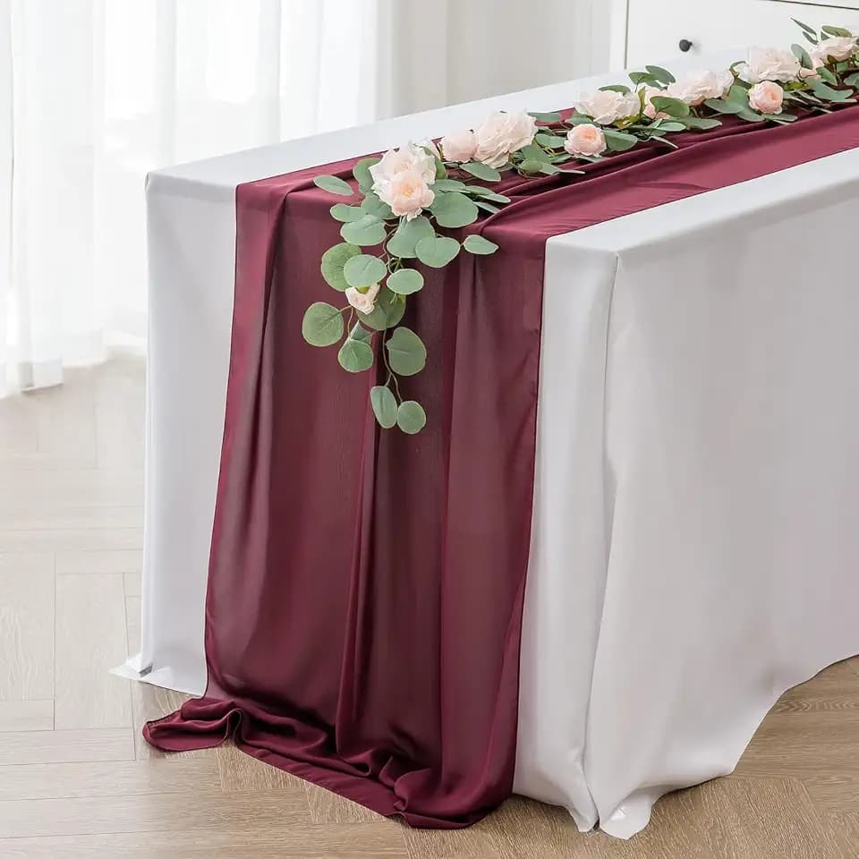 10Pack Chiffon Table Runner, Wedding Table Runner, 14x108 inches Gauze Table Runner, Rustic Sheer Table Decor for Romantic Bridal Shower, Baby Shower, Birthday Party Cake Table(Burgundy)