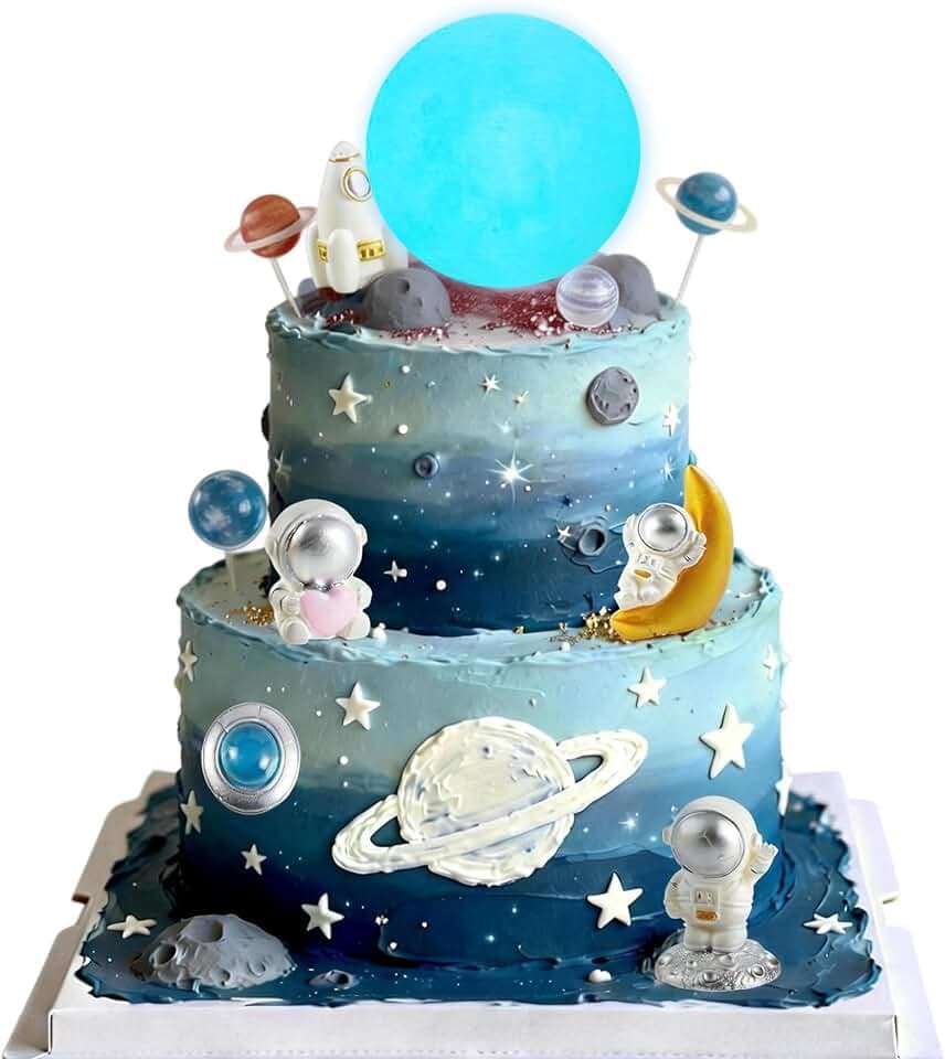 Moon Cake topper,6Pcs Space Astronauts Diy Cake Decoration, 3D Soft light Moon Cake Topper for Children Space-Themed Decoration Birthday Party Supplies, Cake Decoration (Blue)