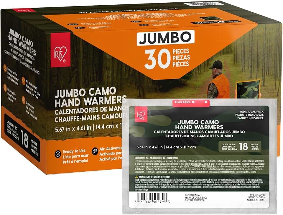 IRIS USA Hand Warmers, Regular/Large/Jumbo, 30/60 Individual Warmers, Regular/Adhesive Body Warmers Up to 10/12/18 Hours Disposable Handwarmer Bulk for Hot Hands Feet Chest Back, TSA-Approved, Camping