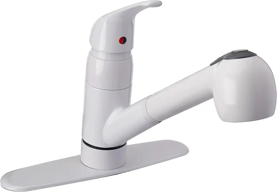 Pfister Pfirst Series Kitchen Sink Faucet with Pull Out Sprayer Single Handle Mid Arc White Finish 1.75 GPM 360 Degree Swivel Spout Ceramic Disc Valve Technology G13310WW