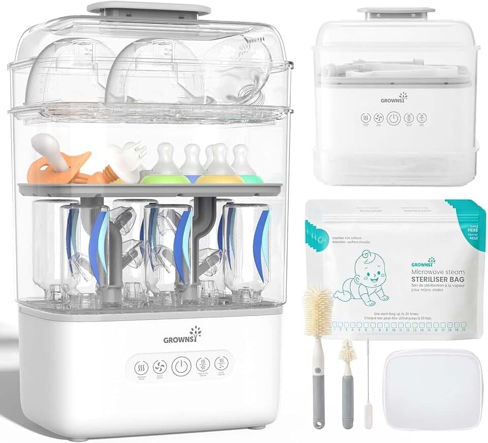 Grownsy Sterilisator für Babyflaschen mit Trockner, 3 Ebenen, 6–10 Flaschen