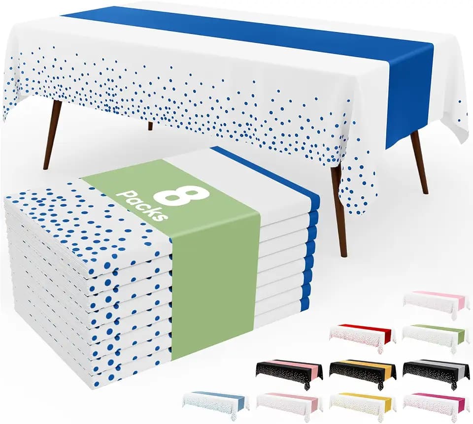 Smiry Plastic Table Cloth Disposable 8 Pack, 54 x 108 Inch Rectangle Waterproof Tablecloth, Printed Gold Table Runner Style for Birthday Weeding, Party Decorations, Leakproof & Sturdy, White and Blue