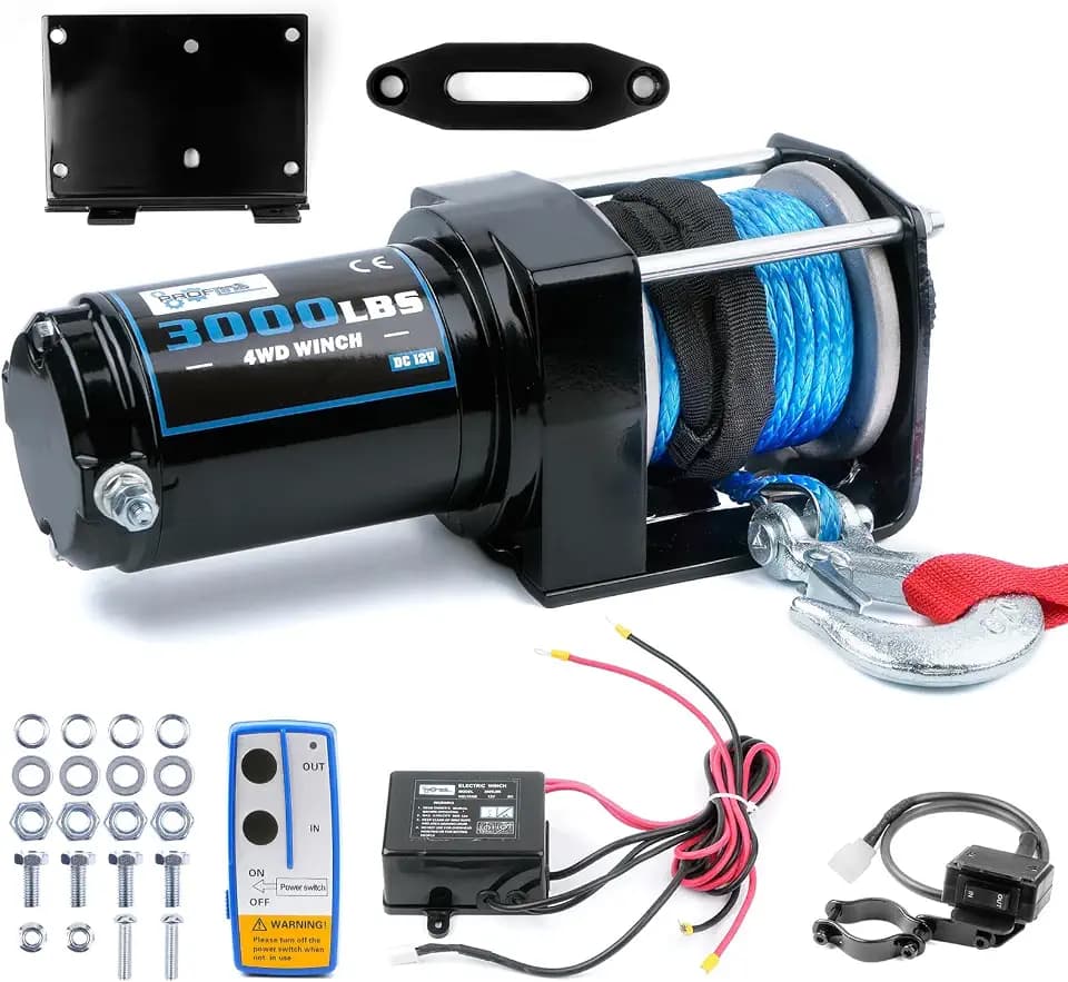 3000 lb Electric Winch, 12V DC ATV/UTV Trailer Boat Winch Kit for Towing Off Road, Synthetic Rope Aluminum Hawse Fairlead Remote Control