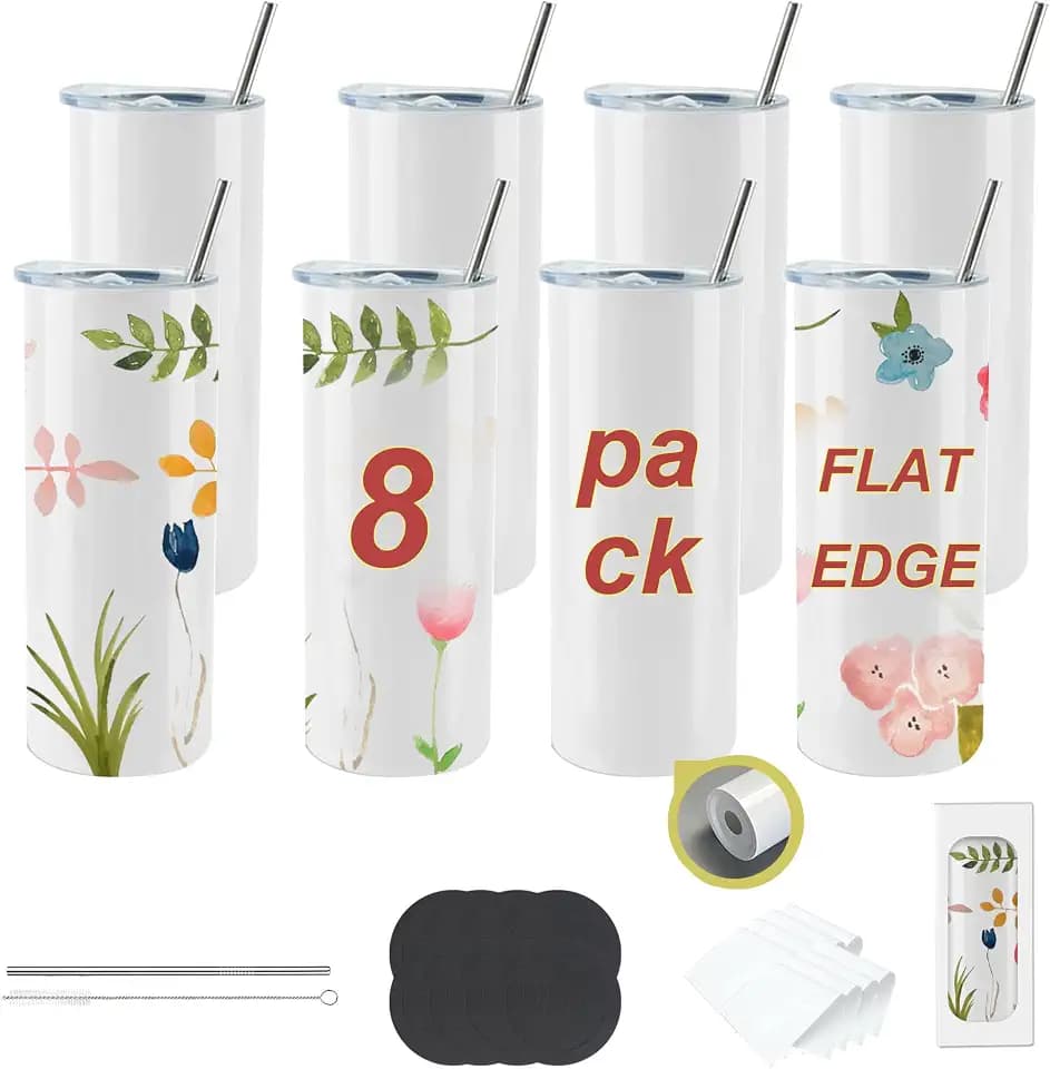 8pack 20oz flat edge sublimation tumblers ,White skinny insulated Sublimation tumbler Straight Cups with Individual Gift Box, Silicone Bottom Polymer Coating for Heat Transfer (8pack 20oz)