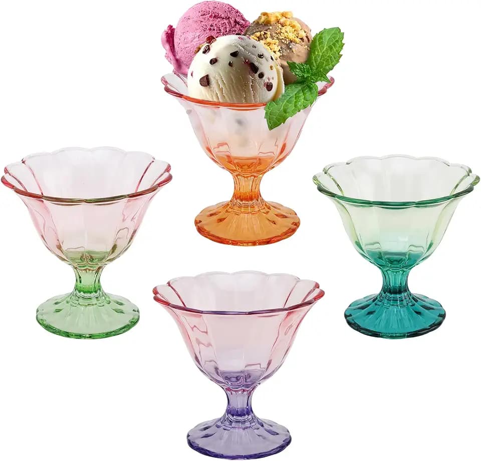 10 Oz Glass Ice Cream Bowls Set of 4, Colored Clear Dessert Bowl Footed