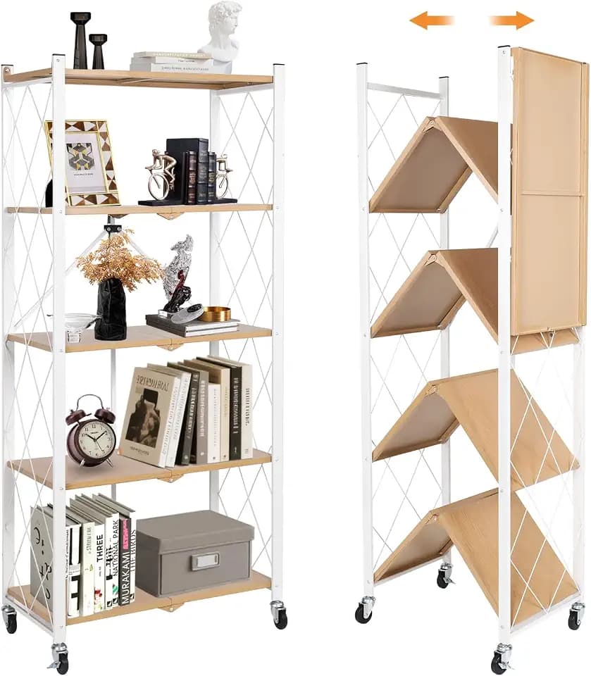 5-Tier Foldable Storage Shelves with Wheels Wood Grain Transfer