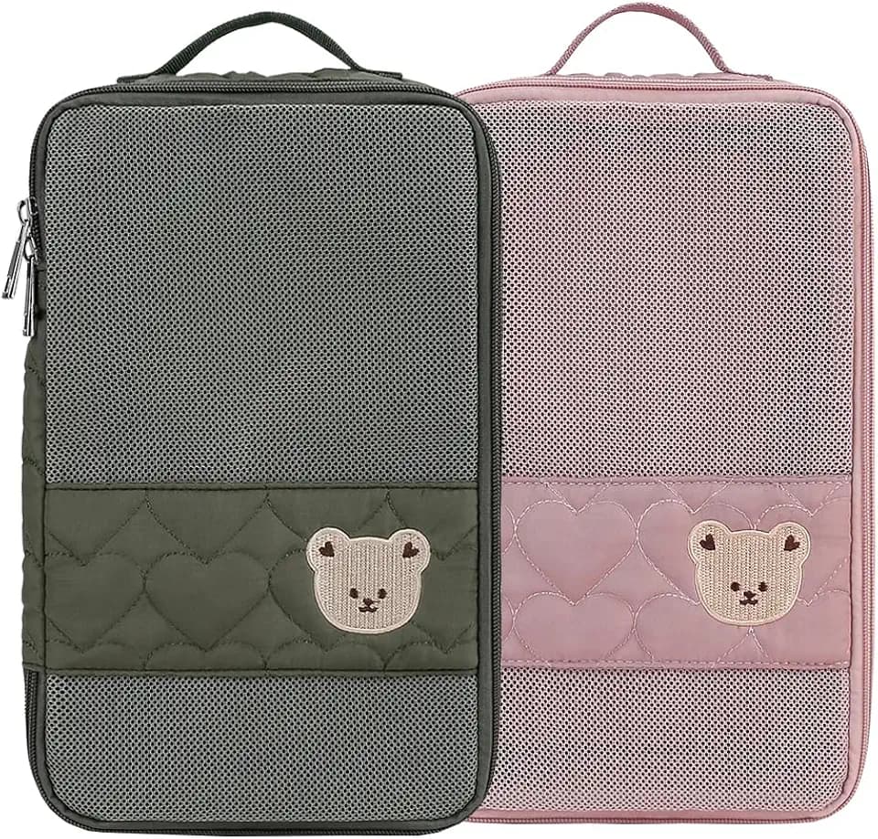 Baby Diaper Bag Organizer Pouches - 2 Pack Waterproof Pod Hanging Diaper Bag Cute Bear Mesh Bag Reusable, Washable or Baby Cloth Diapers (Green&Pink)