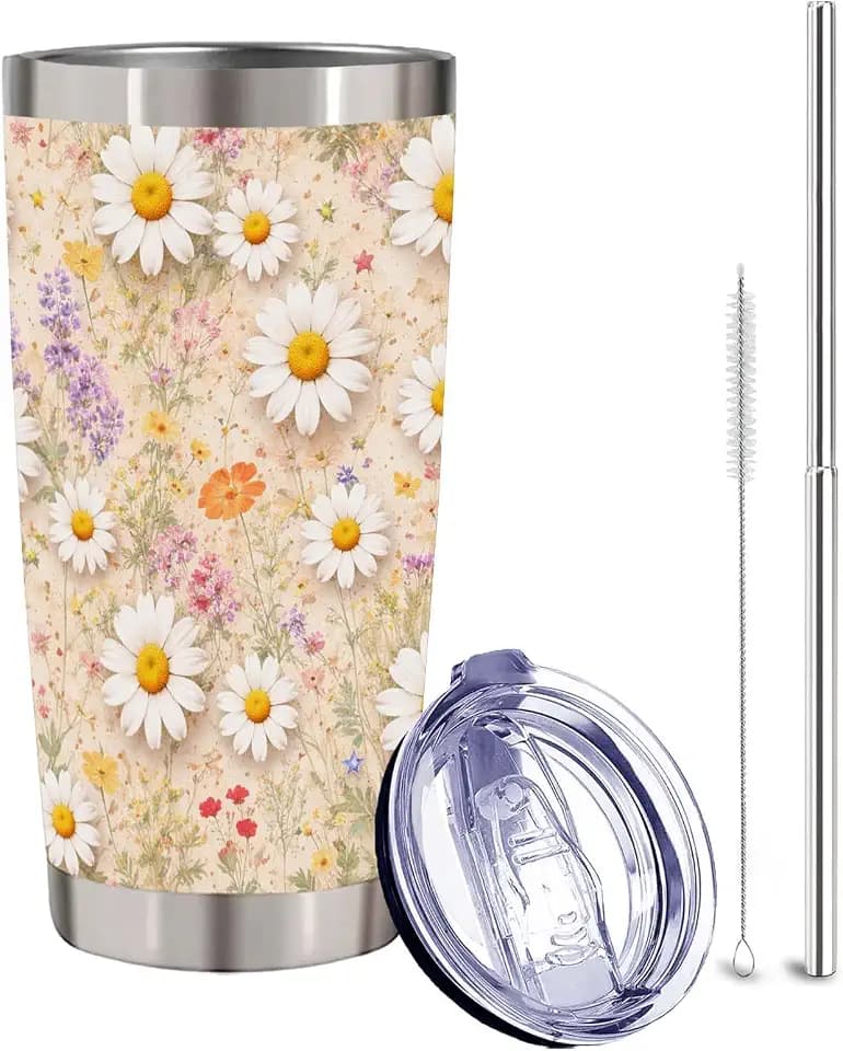 Daisy Tumbler 20oz with Straw, Cottage Floral Stainless Steel Travel Cup, Wildflower Garden Drinkware for Women, Spring Birthday Gift for Her