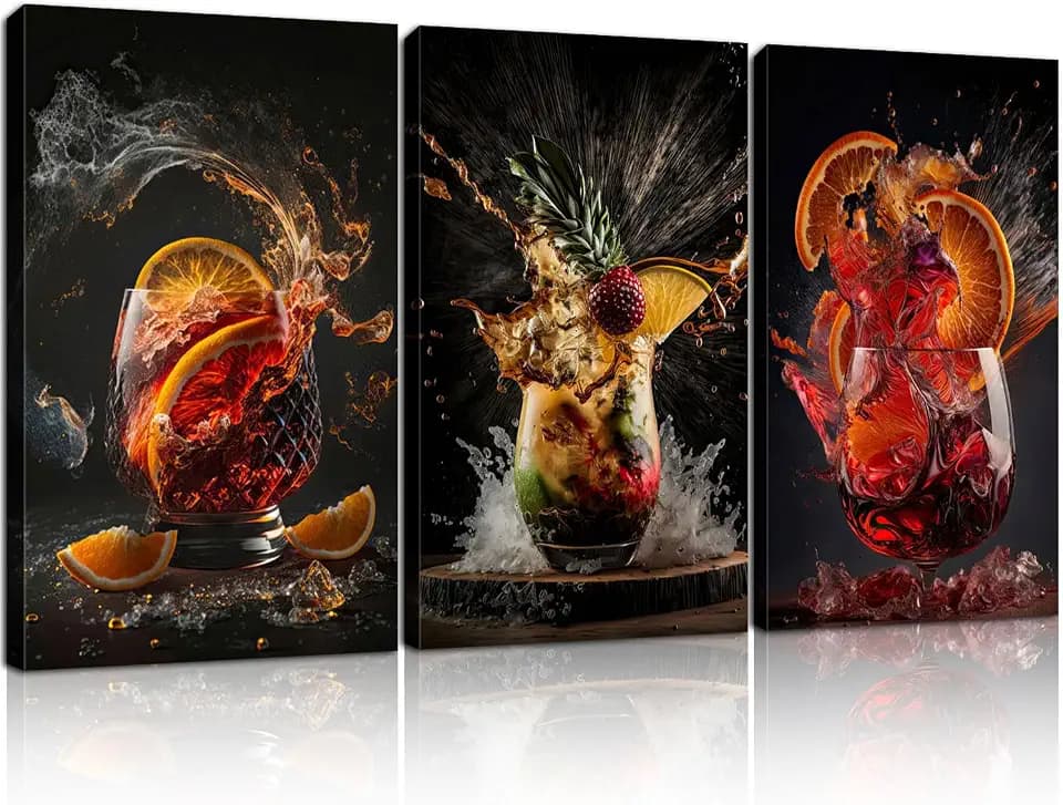 3-Piece Framed Canvas Wall Art Wrapped Canvas Cocktail Drink Posters, High-Definition Bar Art Prints, Modern Alcohol Beverage Artwork, Liquor Splash Photography Pictures, Unique Bartender Decor for Home, Kitchen, Lounge, and Bar16X24inch