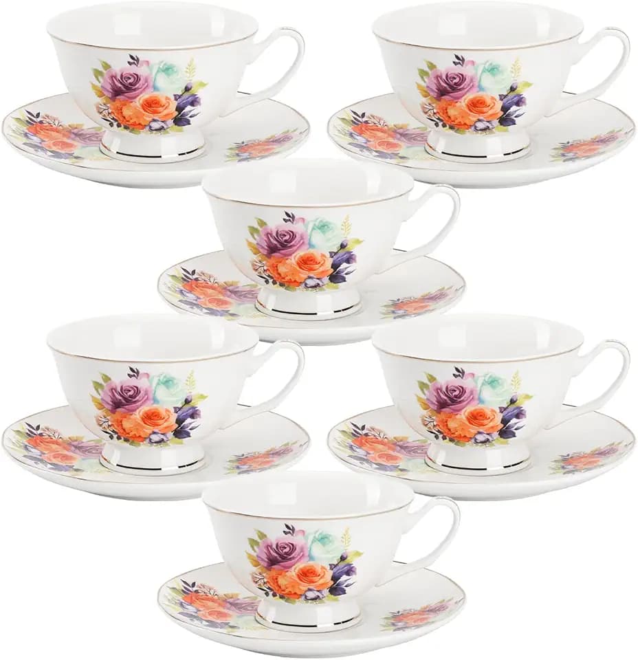 BTaT- Floral Tea Cups and Saucers, 8 oz, Fine Porcelain Teacup Set with Gold Trim for Afternoon Tea, Weddings, Parties & Gifting, Dishwasher Safe, Lightweight, Non-Toxic, Set of 6