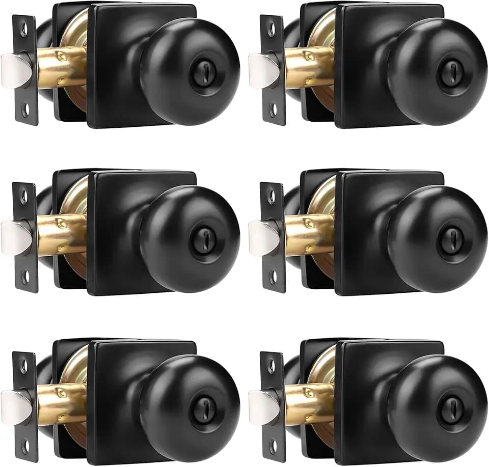 GOBEKOR 6 Pack Matte Black Door Knob Privacy Interior Round Privacy Door Knobs for Bed Bathroom Square Modern Door Knob with Lock