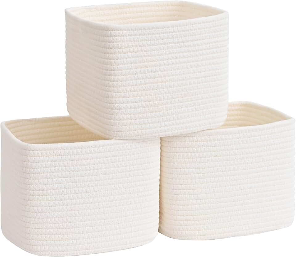 3 Pack Cube Storage Bin, 9”x9”x7” Cotton Rope Woven Baskets for Organizing Toys Clothes Towels, Square Gift Storage Baskets for Shelves, Nursery, Closet, Bathroom, Pantry (White)