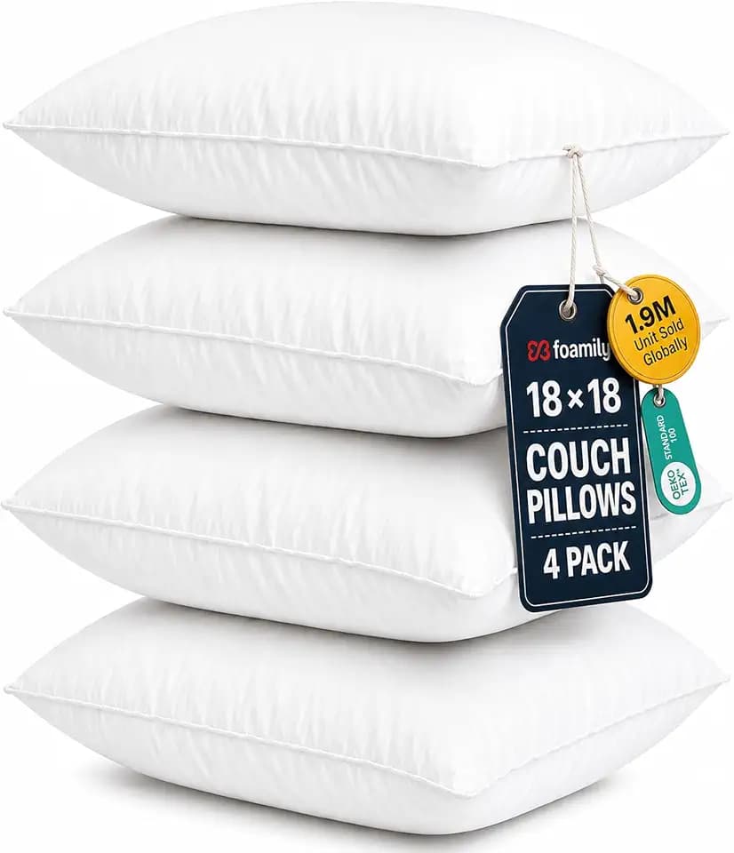 Foamily 18x18 Throw Pillow Inserts, White Pillows for Couch & Bed, 4 Pack