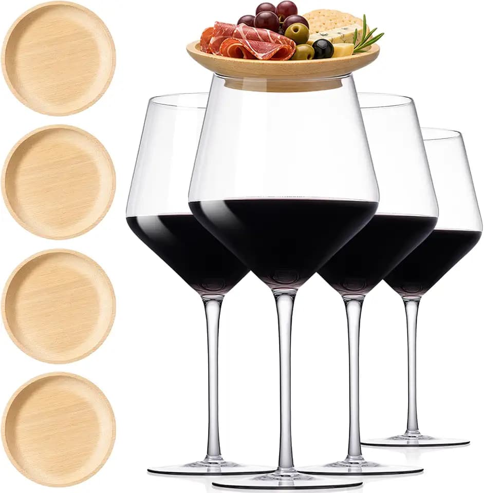 Large 22oz Wine Glasses Set of 4 with charcuterie toppers,Hand Blown stemmed Red wine Glasses