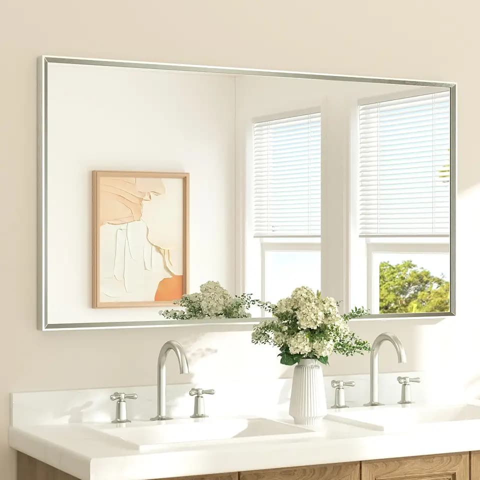 TETOTE Brushed Nickel Mirror 55" x 30" Beveled Framed Bathroom Vanity Wall Mirror for Over Sink Brushed Nickel, Tempered Glass, Modern Farmhouse Bedroom, Entryway, Living Room