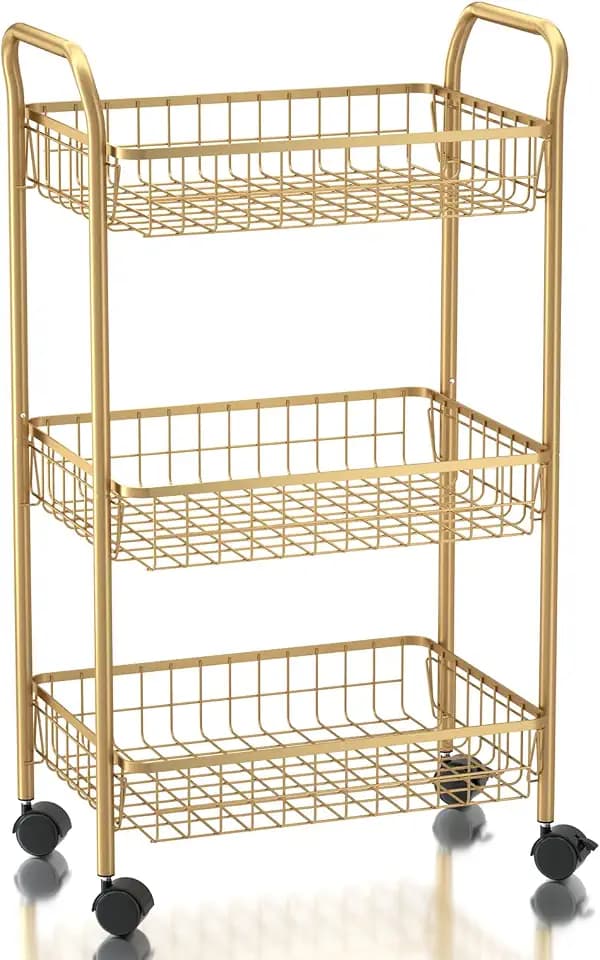 3 Tier Rolling Utility Cart, Storage Trolley Service Cart with Wheels Easy Assembly for Kitchen, Living Room, Office, Salon, Gold