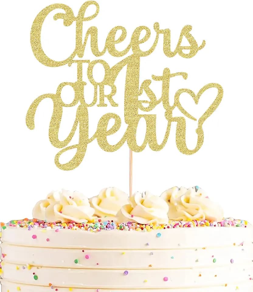 Cheers To Our 1st Year Cake Topper - Gold Glitter First Anniversary Cake Decorating Supplies, Perfect for Wedding/Company/Baby 1st Anniversary Party Photo Booth Props