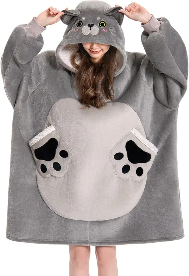 OLAOLA Wearable Blanket Hoodie, Adult Hooded Blanket with Pocket Cat