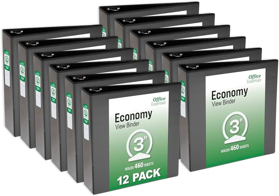 Office Essentials 3" Standard View Binders, 12 Black Binders