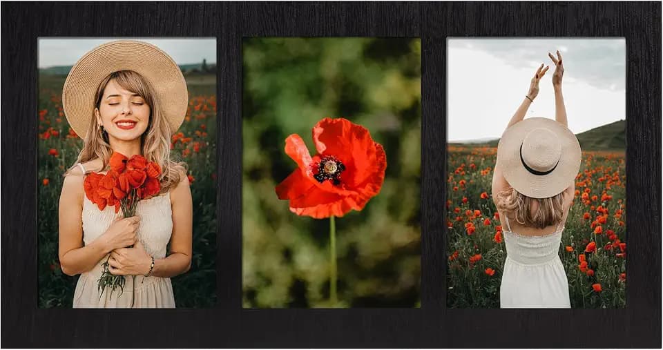 YESKAY 4x6 Collage Picture Frames, 3 Picture Frame 4x6, Rustic Black Wood Frame with Tempered Glass, 3 Opening 4 by 6 Photo Frame Wall Decor or Tabletop, 1 Pack
