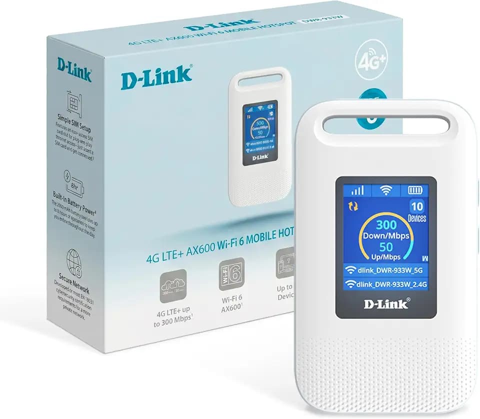D-Link DWR-933W 4G LTE+ AX600 Wi-Fi 6 Mobiler Hotspot, Tragbarer SIM-Router mit LCD-Display, Dualband WLAN, Verbindung für bis zu 64 Geräte, 3000-mAh-Akku, USB-C
