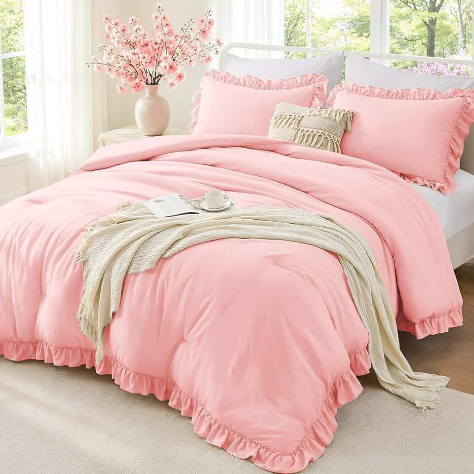 FUANNA Pink Full Size Comforter Sets, Ruffle Bedding Set, 3 Piece Bed Set