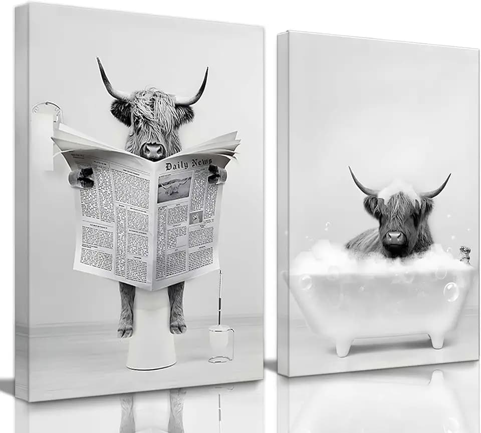Funny Highland Cow Bathroom Wall Art Farmhouse Animal Canvas Prints Decor