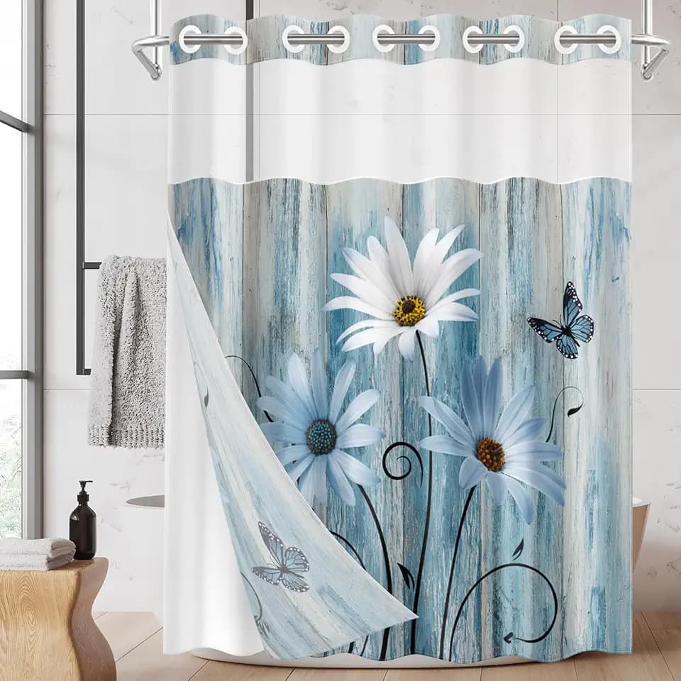 No Hook Shower Curtain with Snap in Liner 54x80 Inch Daisy Floral