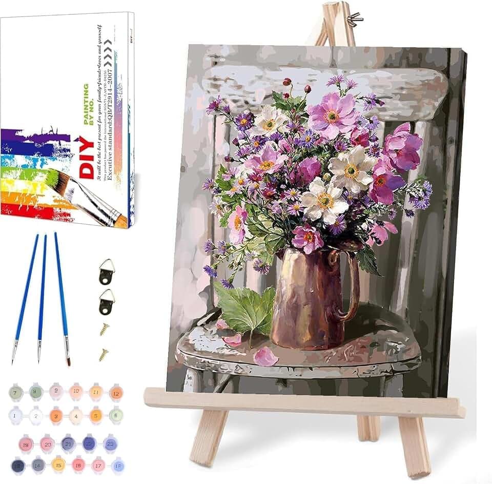 MIRCVSH Paint by Numbers for Adults Framed,Flowers DIY Oil Painting by Numbers on Canvas with Easel,Paint by Numbers Kits with Frame and Color Box Packaging12x16 Inch