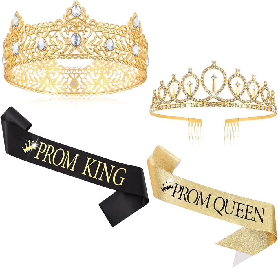 Lyrow 4 Pcs Prom King and Queen Crown Set, Prom King Crown with Sash for Graduation, Queen Tiara with Sash for Grad Couple Accessories Homecoming Birthday Party(Fashion,Black,Gold)