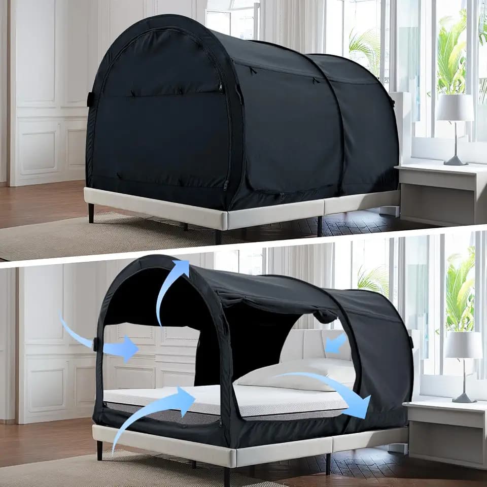 Alvantor® Bed Canopy Bed Tents Dream Tents Privacy Space Twin Size Sleeping Tent Indoor Pop Up Portable Frame Curtains Breathable Grey Cottage (Mattress Not Included) Reducing Light