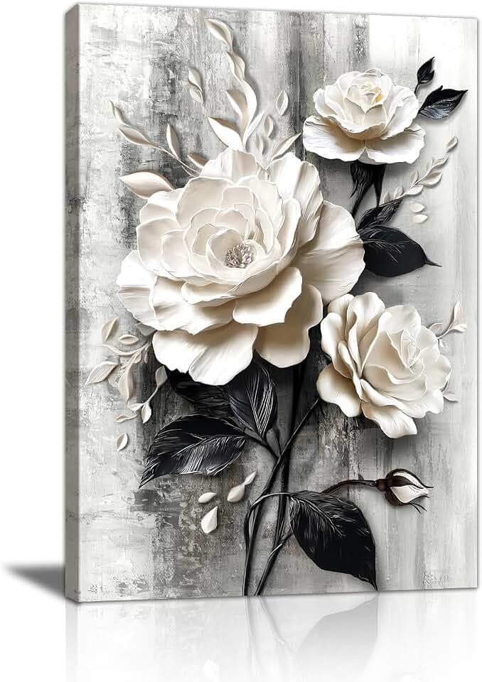 WENGTIAO Elegant Rose Canvas Wall Art Print Modern White and Black Floral Picture Poster Abstract Blooming Flowers Painting Vintage Artwork for Living Room Bedroom Bathroom Office 16x24in