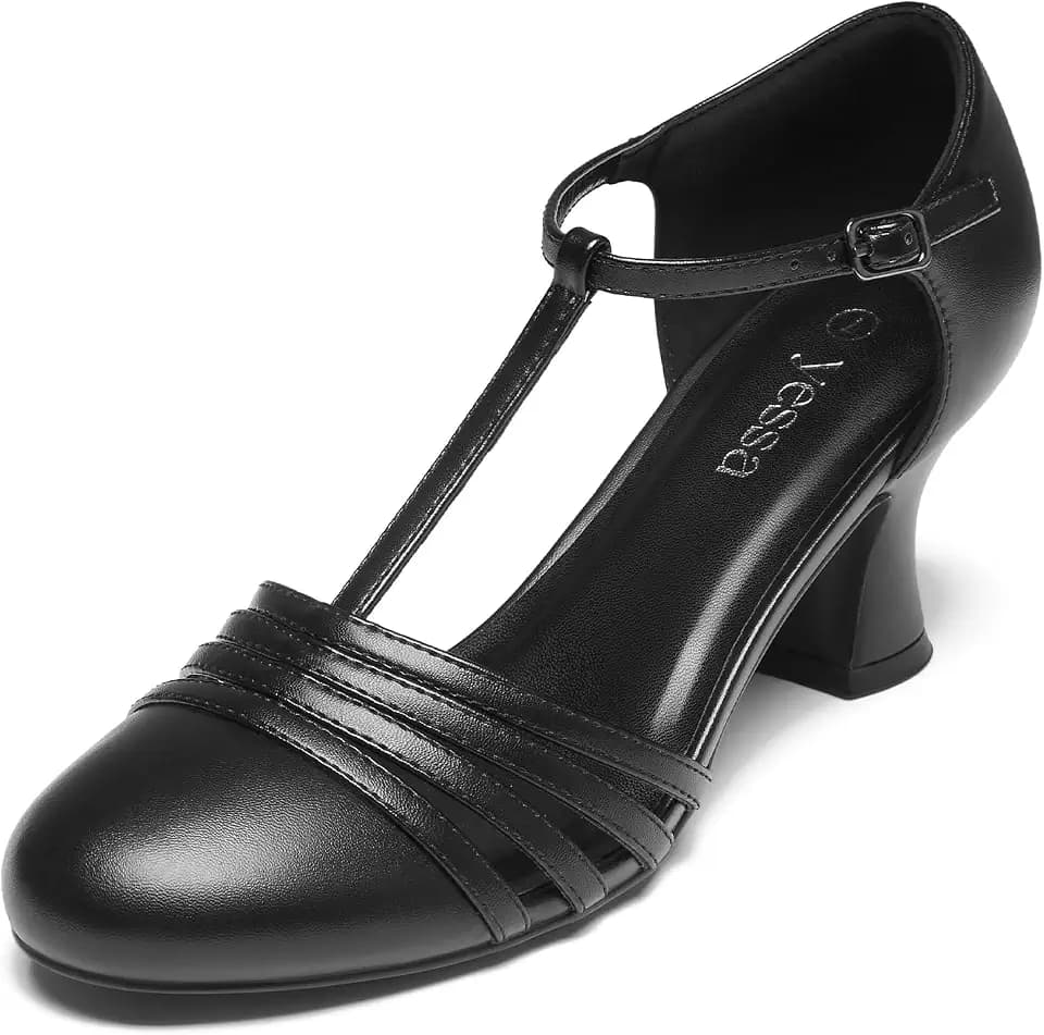 YESSA Character Shoes for Women Leather/Satin T-Strap 1920s Shoes,2"/2.5" Ballroom Dance Shoes for Latin Salsa Tango Flamenco Black
