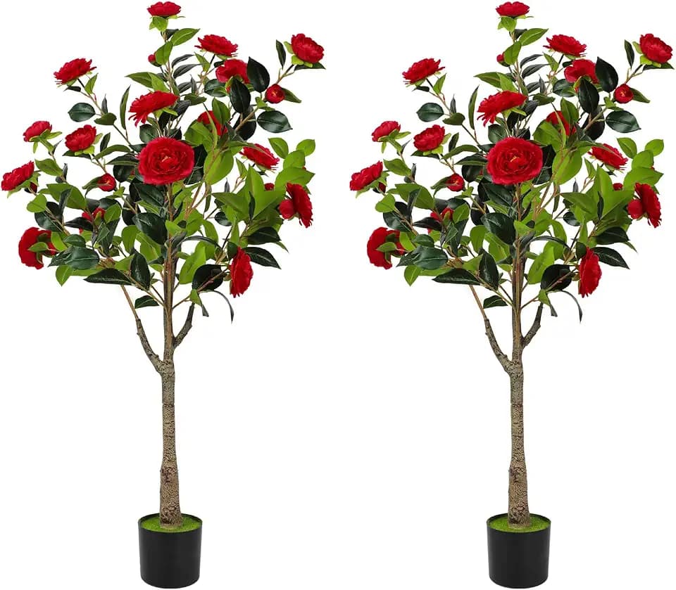 47” Artificial Camellia Tree with Blooming Red Flowers(2 Pack)