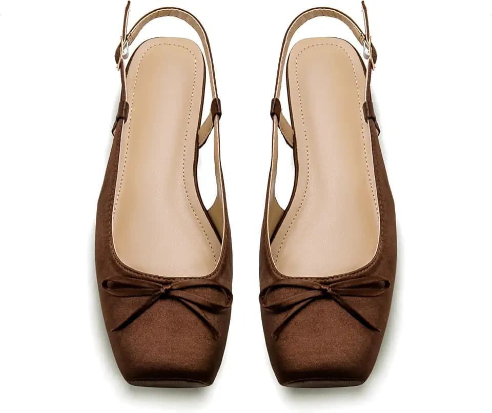 Women's Ballet Flats Slingbacks Square Toe Bow Knit Dressy Flat Shoes with Ankle Buckles Satin