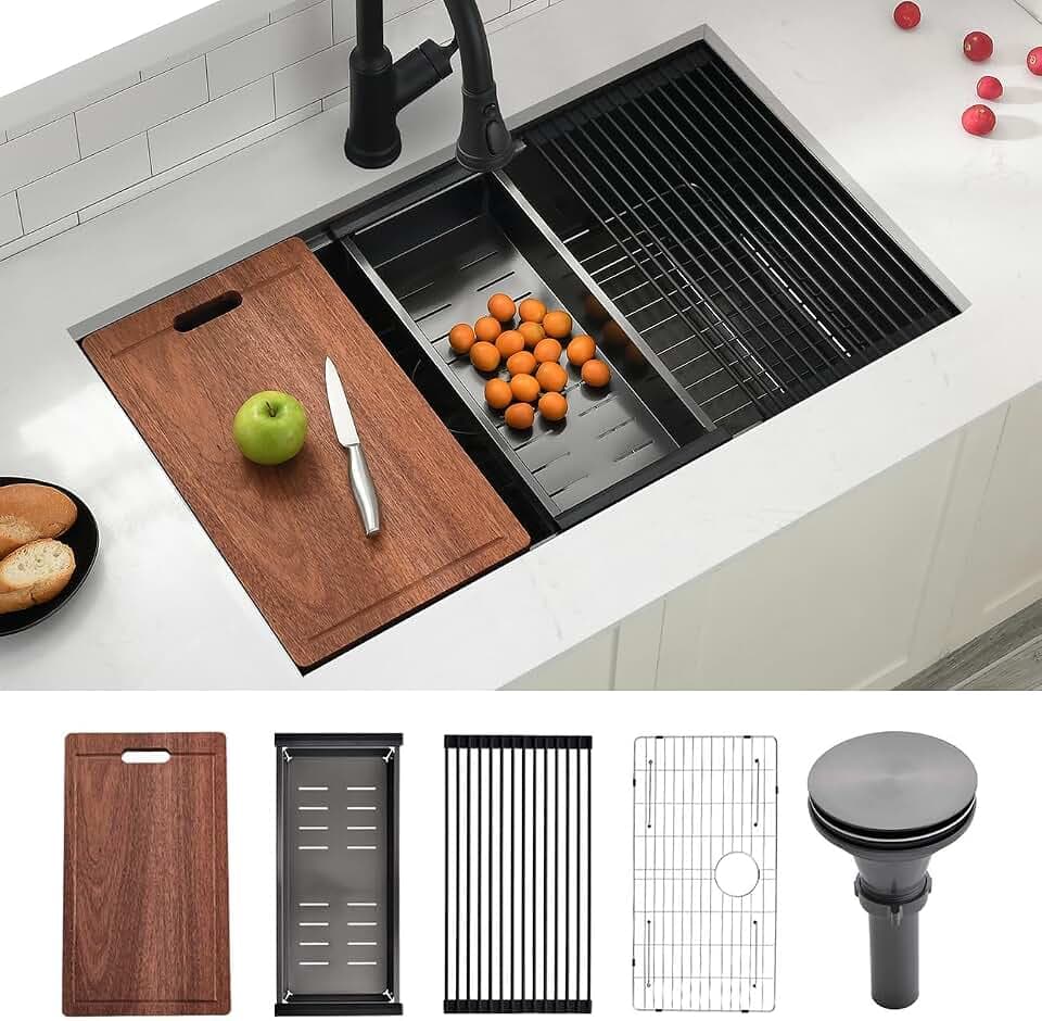 32x19 Black Undermount Kitchen Sink, Swift horse 32 Inch 16Gauge Black Stainless Steel Undermount Kitchen Sink, Single Bowl Workstation Kitchen Sinks with Built-In Accessories