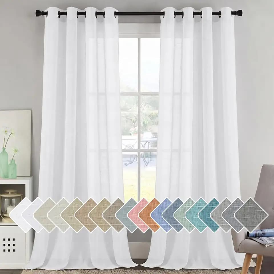 H.VERSAILTEX Pure White Linen Sheer Curtains 120" 2 Panels Grommet