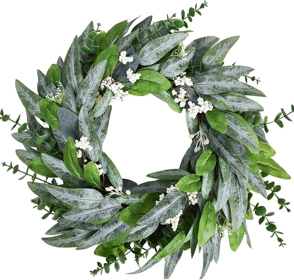 Tinsow 24" Collapsible All Season Front Door Wreath,Olive Eucalyptus Greenery with White Berries,Farmhouse Rustic Hanging Decor for Porch Wall Indoor Outdoor Wedding Festival Holiday